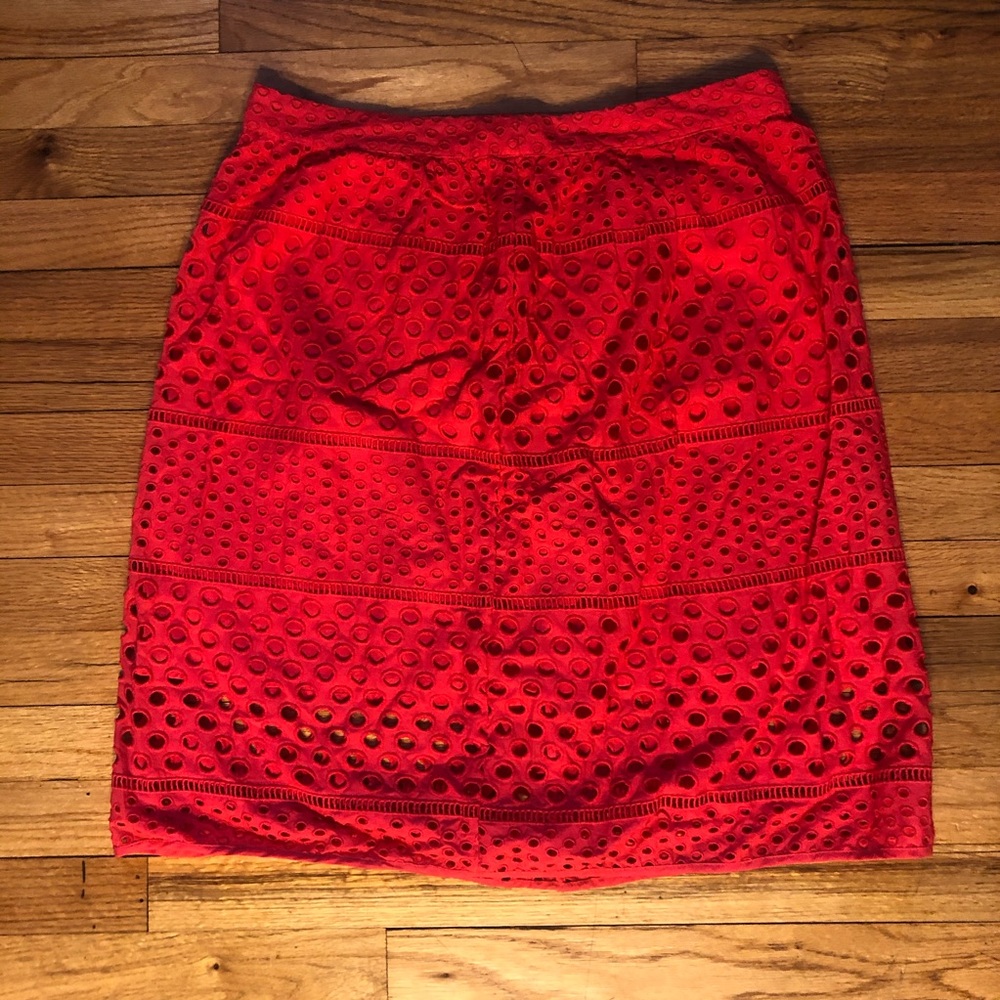 LOFT Coral/Pink Eyelet Midi Skirt